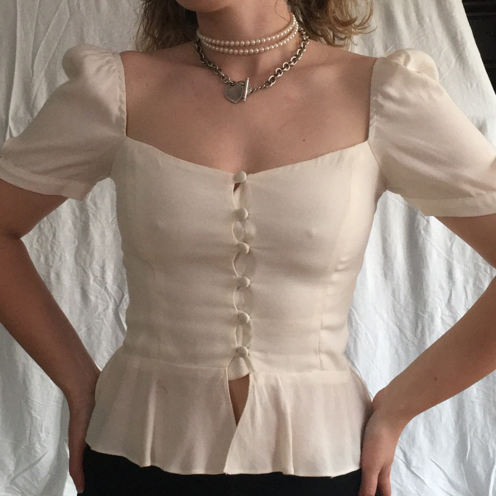 Reformation puff sleeve peplum white top
